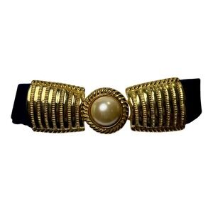 Day-Lor USA Vintage Navy Blue Elastic‎ Cinch Belt Gold Faux Pearl Buckle Retro